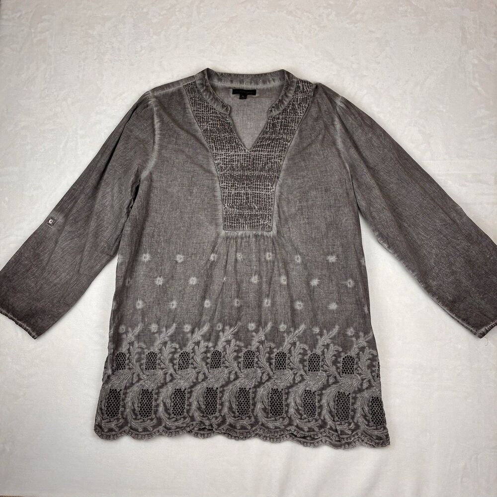 Sweet Magnolia Cotton Tunic Women’s XL Gray Roll Tab Sleeves Boho Retro 70’s Top